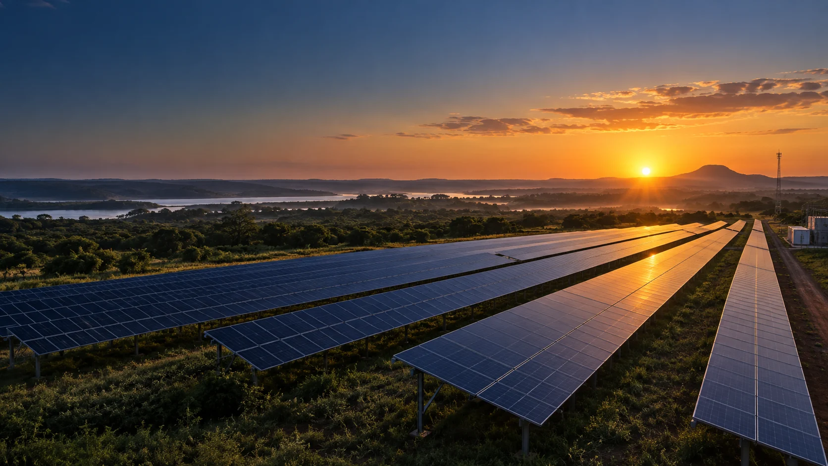 Parque solar al amanecer junto a la infraestructura eléctrica